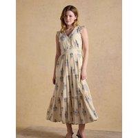 Joules Cotton Rich Printed V-Neck Maxi Tiered Dress Cream Mix
