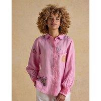 Joules Pure Linen Embroidered Collared Shirt Pink Mix