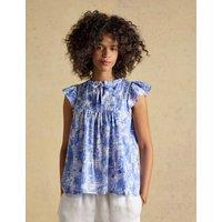 Joules Cotton Rich Printed Smocked Tie Neck Blouse Blue Mix
