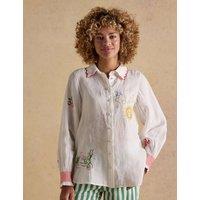 Joules Pure Linen Embroidered Collared Shirt White Mix