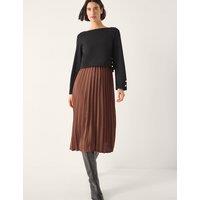 Monsoon Satin Jersey Pleated Midi Waisted Dress Brown Mix