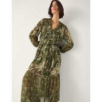 Monsoon Floral Leaf Print Button Front Midi Tiered Dress Khaki