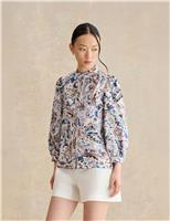 HOBBS Pure Cotton Paisley High Neck Blouse White Mix
