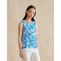 HOBBS Pure Cotton Fern Print Crew Neck Top Blue Mix