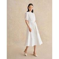 HOBBS Pure Cotton Embroidered Midi Waisted Dress White