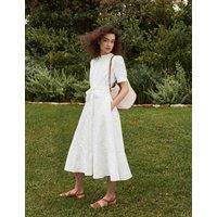 HOBBS Pure Cotton Embroidered Midi Waisted Dress White