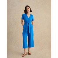 HOBBS Pure Linen Tie Waist Cropped Jumpsuit Blue