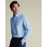 Charles Tyrwhitt Performance Cotton Blend Long Sleeve Polo Shirt Blue