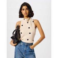 Whistles Satin Polka Dot Halter Neck Tie Detail Blouse Cream Mix