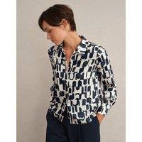 HOBBS Geometric Collared Blouson Sleeve Shirt Blue