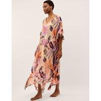 Monsoon Floral Frill V-Neck Maxi Kaftan Neutral
