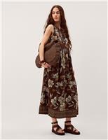 Monsoon Linen Rich Floral V-Neck Midi Shift Dress Chocolate