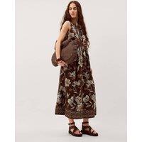 Monsoon Linen Rich Floral V-Neck Midi Shift Dress Chocolate