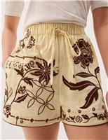 Floral Embroidered Shorts with Linen