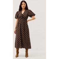 Monsoon Lyocell Blend Polka Dot Midi Waisted Dress Chocolate