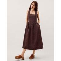 Monsoon Pure Linen Square Neck Midi Waisted Dress Chocolate