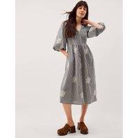 Monsoon Pure Cotton Gingham V-Neck Midi Smock Dress Black Mix