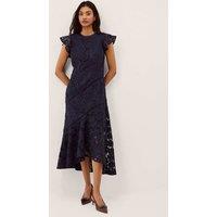 Monsoon Lace Floral Round Neck Midi Tea Dress Navy