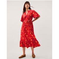 Monsoon Pure Cotton Floral V-Neck Midi Waisted Dress Red Mix
