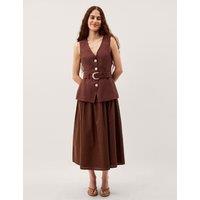 Monsoon Linen Blend V-Neck Midi Waisted Dress Chocolate