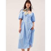Monsoon Linen Rich Round Neck Midi Tea Dress Pale Blue