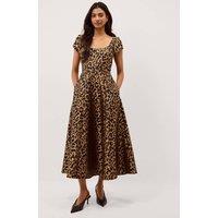 Monsoon Leopard Print Square Neck Midi Skater Dress Beige Mix