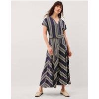 Monsoon Pure Cotton Striped V-Neck Maxi Smock Dress Navy Mix