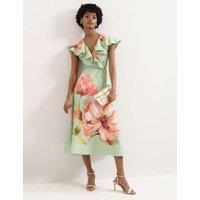 Phase Eight Linen Rich Floral V-Neck Midi Waisted Dress Green Mix