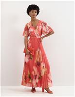 Floral V-Neck Angel Sleeve Maxi Skater Dress