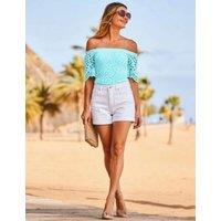 SOSANDAR Pure Cotton Broderie Bardot Top Blue Mix