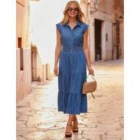 SOSANDAR Denim Midi Shirred Tiered Dress Mid Blue