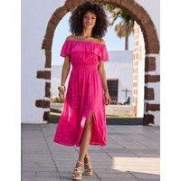 SOSANDAR Textured Bardot Shirred Midi Skater Dress Pink Mix
