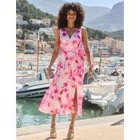 SOSANDAR Satin Floral V-Neck Midi Wrap Dress Pink Mix