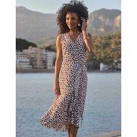 SOSANDAR Printed V-Neck Belted Midi Skater Dress Brown Mix