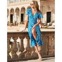 SOSANDAR Metallic Spot V-Neck Midi Wrap Dress Blue Mix