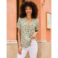 SOSANDAR Printed V-Neck Button Front Tunic Top Khaki Mix