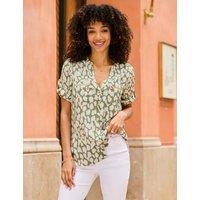 SOSANDAR Printed V-Neck Button Front Tunic Top Khaki Mix