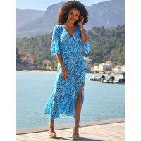 SOSANDAR Textured Printed V-Neck Midaxi Shirred Dress Blue Mix
