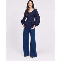 Finery London Pure Cotton Shirred Blouson Sleeve Top Navy