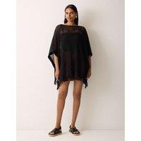 Jigsaw Linen Blend Open Stitch Poncho Black