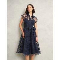 HOBBS Floral Tie Waist Knee Length Skater Dress Dark Navy Mix