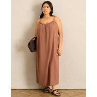 Live Unlimited London Linen Blend Bobble Trim Midaxi Dress Tan