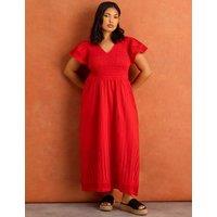 Live Unlimited London Pure Cotton V-Neck Midaxi Shirred Dress Red