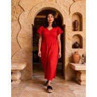Live Unlimited London Pure Cotton V-Neck Midaxi Shirred Dress Red