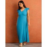 Live Unlimited London Frill Sleeve V-Neck Midi Tea Dress with Linen Blue