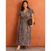 Live Unlimited London Pure Cotton Animal Print Midaxi Dress Brown