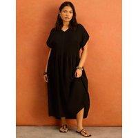 Live Unlimited London V-Neck Pleated Midaxi Smock Dress Black