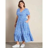 Live Unlimited London Pure Cotton Printed V-Neck Midaxi Dress Blue Mix