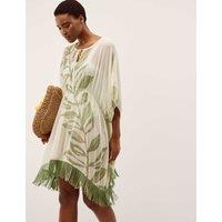 Monsoon Printed Tie Neck Beach Cover Up Kaftan Beige Mix