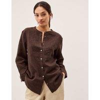 Monsoon Pure Linen Round Neck Pintuck Shirt Dark Brown
